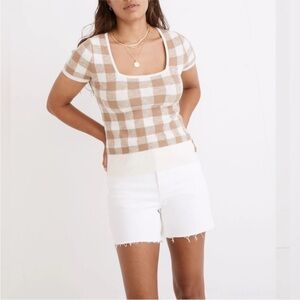 Madewell Checkered Short Sleeve Top in Beige and White